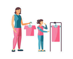 Leisure together mother and daughter. Mother and children spending time together. Family shopping clothing moms, daughters in store cartoon vector illustration