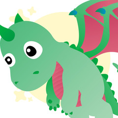 Illustrator of Green Baby Dragon Cartoon, Cute Funny Character, Flat Design