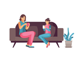 Leisure together mother and daughter. Mother, children spending time together. Family mom, daughter cosy sitting on the couch, talking, holding cup tea, drinking coffee together house cartoon vector