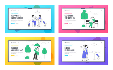 Friends and Loving Couple Spend Time Together Website Landing Page Set. Female Characters Friendship, Meeting in Cafe. Man and Woman Love Web Page Banner. Cartoon Flat Vector Illustration, Line Art