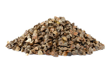 Buckwheat seeds pile isolated on a white background. Buckwheat seeds close-up. Pile of buckwheat seeds after harvesting. Raw buckwheat seeds in a peel close-up.