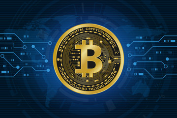 Golden bitcoin digital currency on world map, futuristic digital money