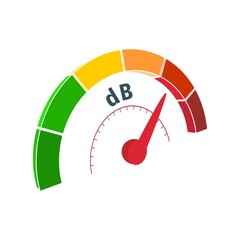 A device for measuring the sound intensity in decibels. Infographic gauge element. Isometric level scale from green to red with arrow.