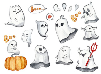 Watercolor ghost. Hand painted Halloween illustration isolated on white background. Magic characters for design, print, background, poster, postcard.