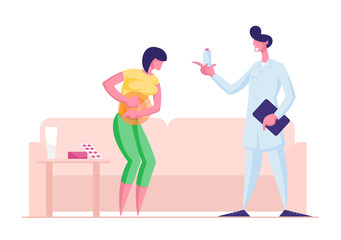 Young Diseased Woman with Abdominal Pain in Stomach and Gastrointestinal Indigestion Symptom Call Doctor to Home for Medicine Pills Treatment. Disease and Illness Cartoon Flat Vector Illustration