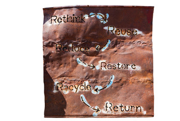 Rethink Reuse Reduce Restore Recycle Return sign selected on white background..Surface of rusty metal, grunge background.Environment Concept