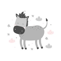 Vector cute donkey, clip art on white background Pastel colors Baby animal with flowers Nursery wall art
