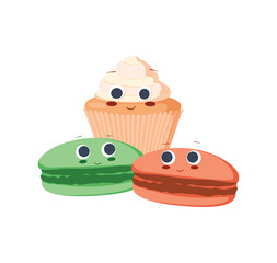Cute eclair and macaroons flat vector illustration. Adorable creamy cake and cookies cartoon characters. Sweet smiling