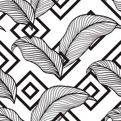 Black-white tropical leaves and geometric shapes. Seamless pattern. Vector illustration on a white background. Use for textiles, wallpapers and other graphic products.