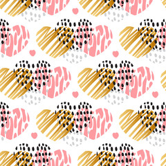 Abstract seamless pattern with hand drawing hearts. Modern vector illustration. Golden and pink elements. Spotted ornament. Use for textile, wallpaper or packaging.