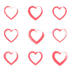 Collection of outline grunge brushes red textured hearts frames for Valentines day greeting cards and banners design. Lovely scratchy pink heart illustration for romantic decoration