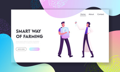 Healthy Eco Food Website Landing Page. Farmer and Scientist Working at Hydroponics Nursery Farm or Greenhouse Seeding and Cultivating Ecological Plants Web Page Banner Cartoon Flat Vector Illustration