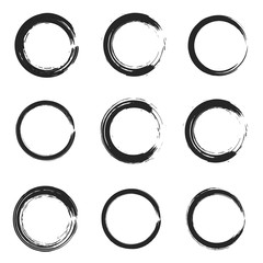 Set of isolated black grunge thick ink brush round frames Dirty hand drawn inky line circles collection for graphic design, decoration