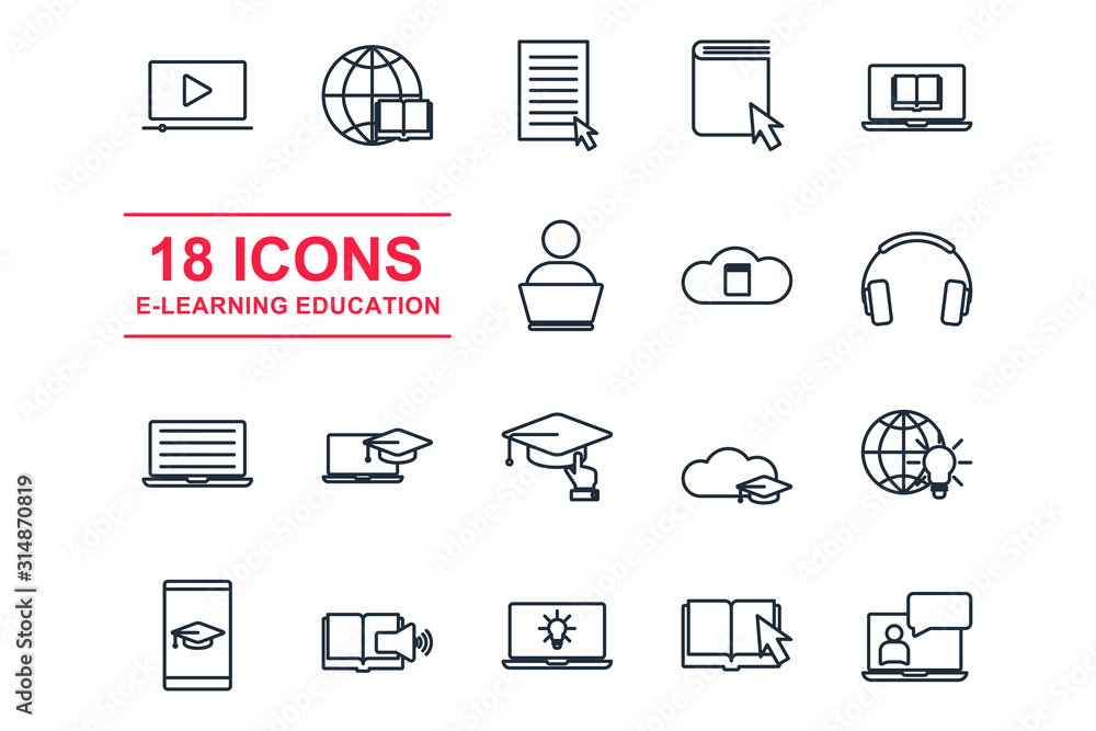 Aufkleber Set online education element icon template color editable. E-learning pack symbol vector sign isolated on white background illustration for graphic and web design.