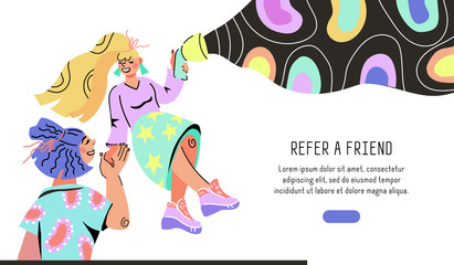 Refer a friend landing page or web banner template with two friends cartoon characters. Referral program for business marketing promotion. Customers recommendation, feedback. Flat vector illustration.