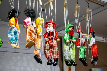 Colorful puppets in a Christmas market in Leon, Spain