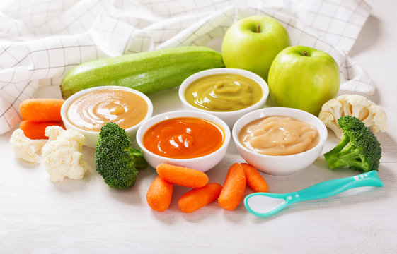 Baby Food. Various Kinds Of Bowls Of Fruit And Vegetable Puree With Ingredients For Cooking