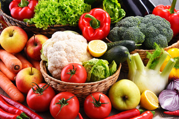 Composition with assorted organic vegetables and fruits
