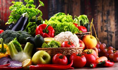 Composition with assorted organic vegetables and fruits