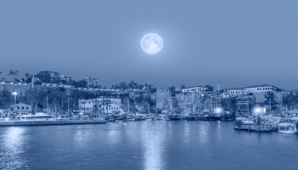 Panoramic view of Antalya Kaleici Old Town with full moon "Elements of this image furnished by NASA"