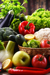 Composition with assorted organic vegetables and fruits