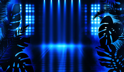 Background of empty dark scenes with neon lights and shapes, smoke. Silhouettes of tropical palm leaves in the foreground. Bright futuristic abstract background