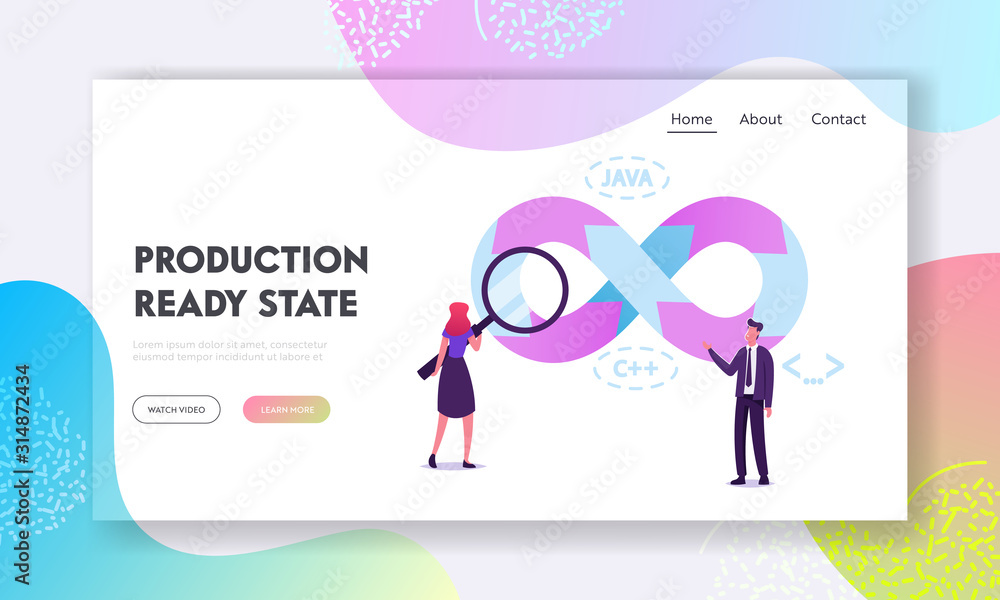 Aufkleber devops teamwork website landing page. communication and collaboration between development and operat