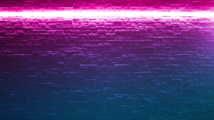 Old brick wall with neon lights. Neon shapes on brick wall background.
