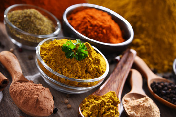 Variety of spices on kitchen table