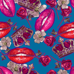 Embroidery lips, roses flowers and crown seamless pattern. Fashion art. Template for clothes, textiles, t-shirt design