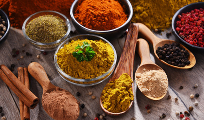 Variety of spices on kitchen table