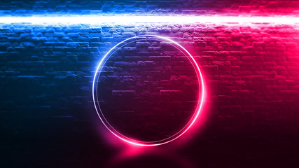 Old brick wall with neon lights. Neon shapes on brick wall background.
