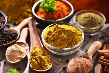 Variety of spices on kitchen table