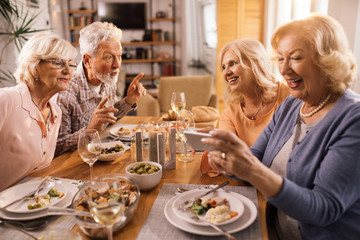 Group of happy senior friends having fun at dining table.