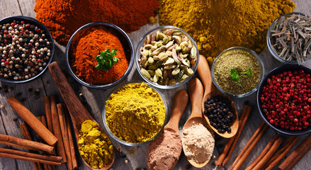 Variety of spices on kitchen table