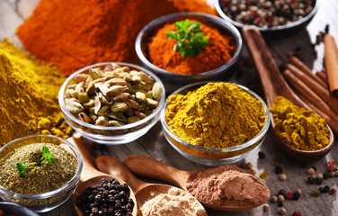 Variety of spices on kitchen table