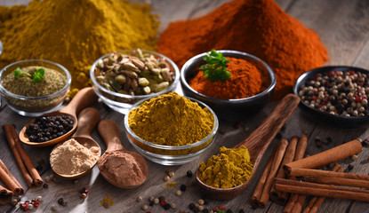 Variety of spices on kitchen table
