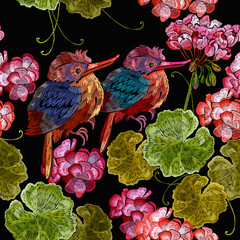 Embroidery funny bird and geranium flowers seamless pattern. Template for clothes, textiles, t-shirt design vector