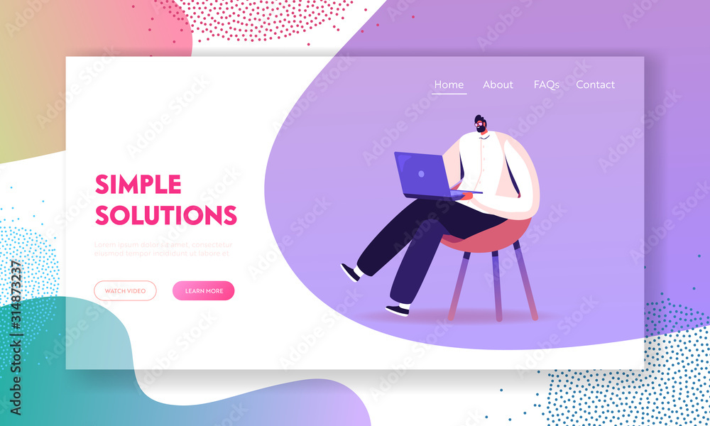 Wall mural young business man sitting on chair working on laptop website landing page. freelancer work remotely
