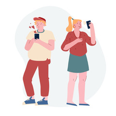 Young Man and Woman Standing with Smartphones, Girl Make Selfie, Boy Have Love Chatting. Teenagers Using Smart Phones, Reading News and Texting Messages to Friends. Cartoon Flat Vector Illustration