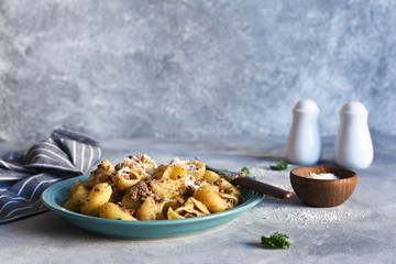 Pasta with sauce and cheese on a concrete background.