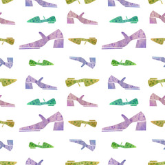 Seamless pattern with violet shoes, different size