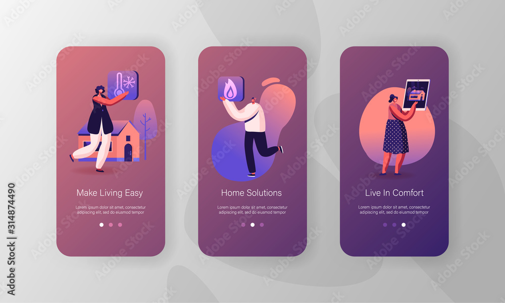 Poster smart house mobile app page onboard screen set. people using app for centralized control of heating,