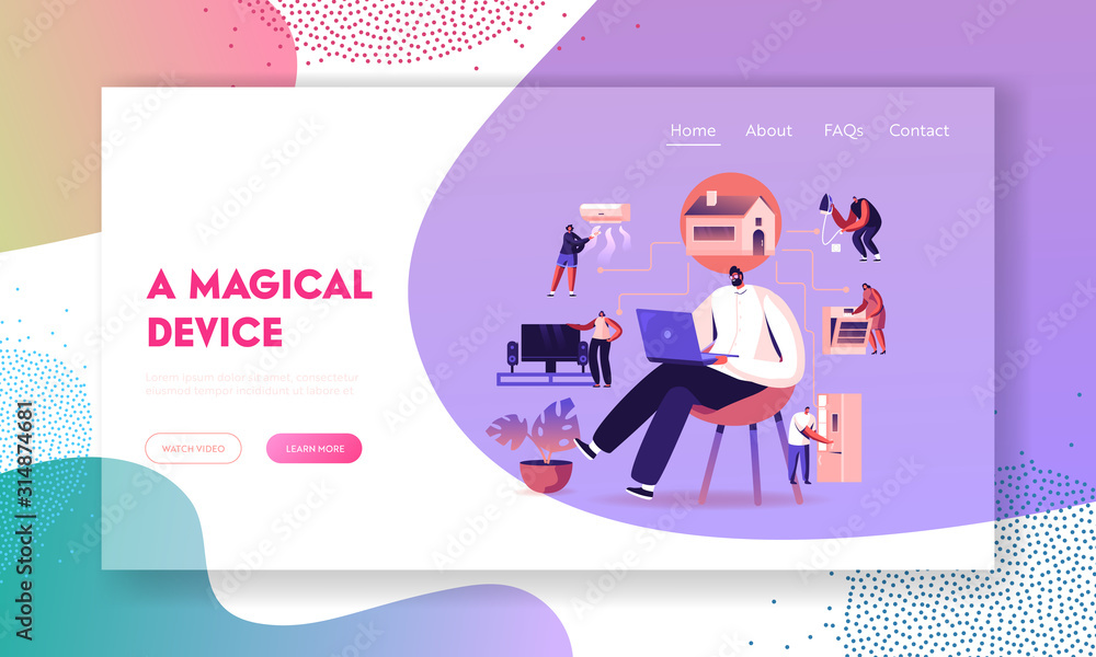 Poster internet of things, smart home app network connection website landing page. man with laptop control 