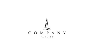 Vector logo on which an abstract image of a lighthouse and waves under it.
