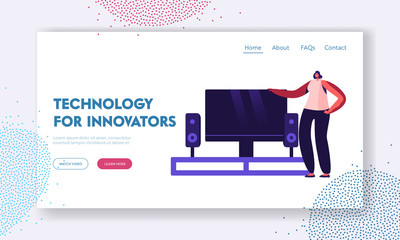 Smart Tv Technologies Website Landing Page. Woman Stand in Living Room near Home Cinema Multimedia Center with Television and Huge Dynamics. Iot Web Page Banner, Cartoon Flat Vector Illustration