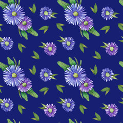 Seamless pattern with watercolor purple composition flower, black background