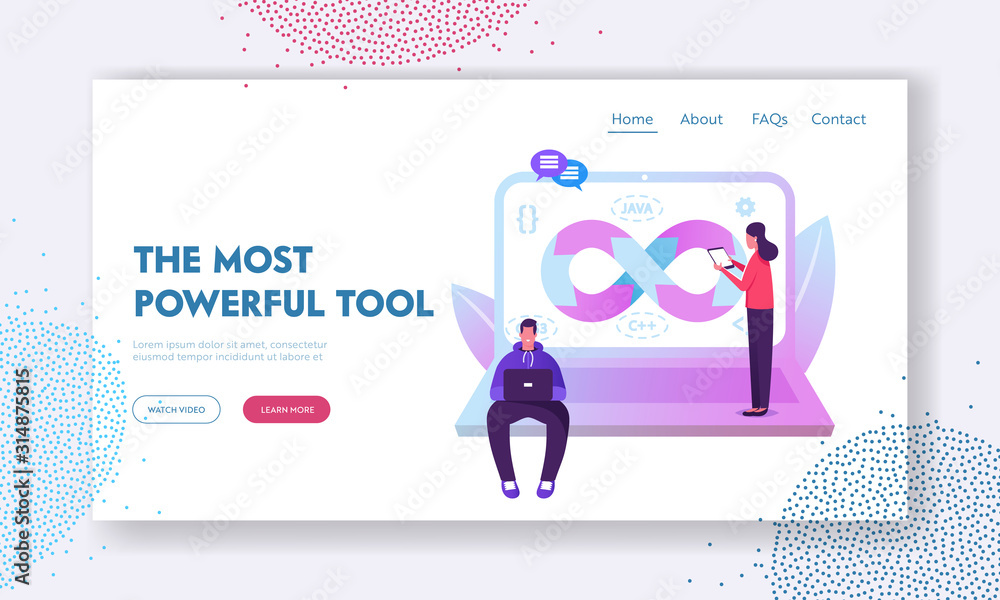 Poster devops specialists work collaboration website landing page. programmer and businesswoman at huge lap