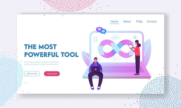 Devops Specialists Work Collaboration Website Landing Page. Programmer and Businesswoman at Huge Laptop. Development Automation and Monitoring Cycles Web Page Banner. Cartoon Flat Vector Illustration