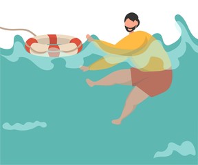 Help: Concept illustration of drowning man receiving help. Life buoy.